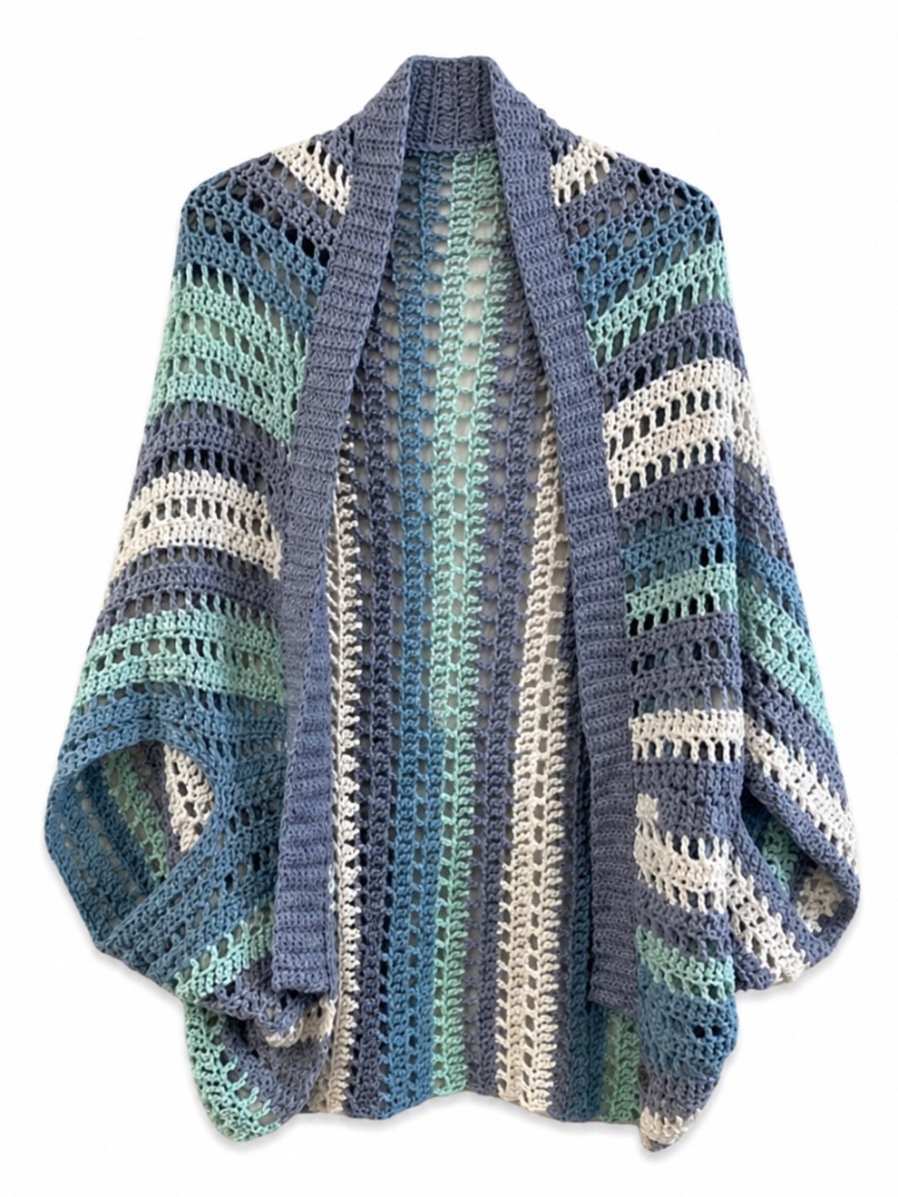 LD Yarn Creations Hand Crochet Aqua Periwinkle Striped Shrug Cardigan – OS New